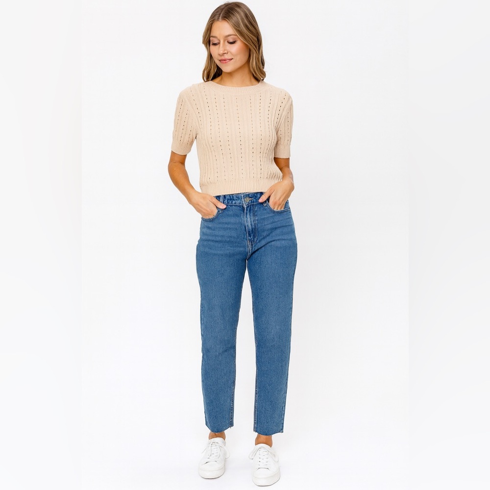Vici Cream Short Sleeve Eyelet Knit Sweater